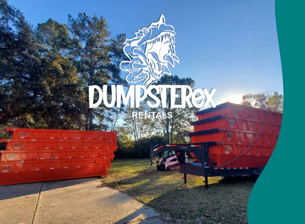 Dumpster rental Baton Rouge logo overlayed of a picture of dumpsters ready for rental